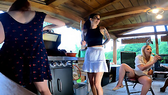 Redheaded Coeds In Skirts Have Outdoor Bbq Fun