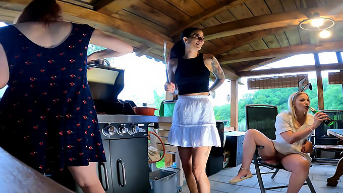 Redheaded Coeds In Skirts Have Outdoor Bbq Fun