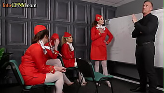 Femdom Stewardesses In Group Orgy With Cock Sucking And Handjobs