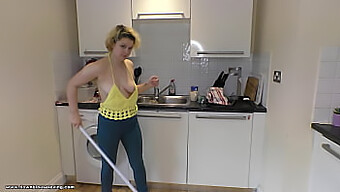 Delilah, A Sexy Brunette, Mops The Floor In A Brown Top, Giving A Great Downblouse View